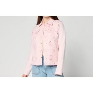 Belle Kim Gravel 1X Pink Eyelet Jacket With Knit Sleeves & Back A683209 NWOT